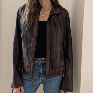Vintage 90's Genuine Leather Collared Zip-Front Bomber Jacket In Dark Brown - XL